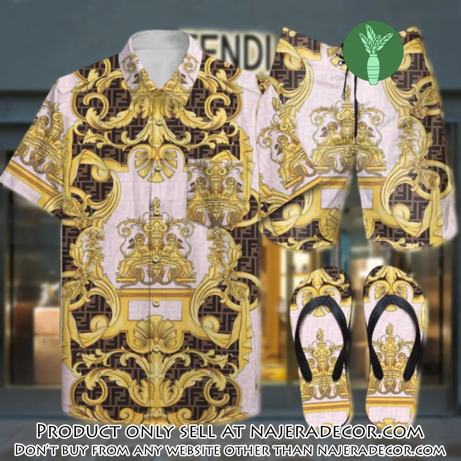 Fendi summer outfitsace flip flops and combo hawaii shirt shorts luxury brand summer outfit hsf318 njr3117660